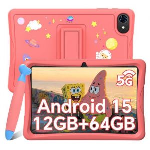 Tablette tactile enfant 101 Android 15 - 12 Go RAM 64 Go ROM &eacute;cran IPS 1280&times;800 Wi‑Fi 5G Rose