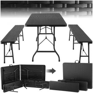 Table de camping avec bancs - TECTAKE - Ensemble repas VANI 1 table 2 bancs compact et pliable avec poignées de transport - Noir