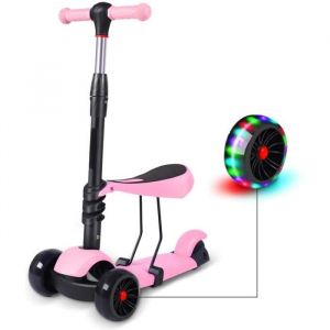 Trottinette Scooter Enfants 3-en-1 avec Siège Amovible Roues à LED Hauteur Réglable Jouet Enfant de 2 à 5ans-Rose