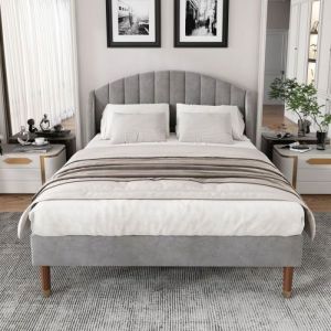 Lit Double Capitonn&eacute; 140x200 T&ecirc;te De Lit Sommier Lattes Bois Adulte/Ado Montage Facile Velours Gris(sans Matelas) LIT COMPLET