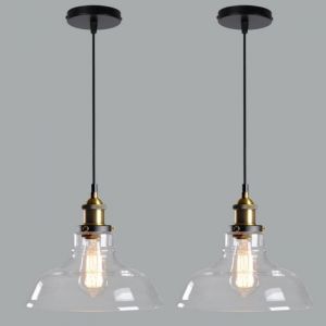Lustre/Suspension - SMOTOP - Lot de 2 - Abat-jour verre transparent &Oslash;20&times;26 cm - M&eacute;tal noir 2xE27