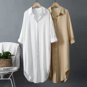 Robe ample chemise mi-longue en coton et lin pour femme Veste de protection solaire décontractée Blanc