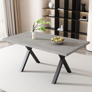 MODFU Table &agrave; manger rectangulaire avec pieds en m&eacute;tal noir design &agrave; pieds crois&eacute;s 140x80x76 cm MDF gris