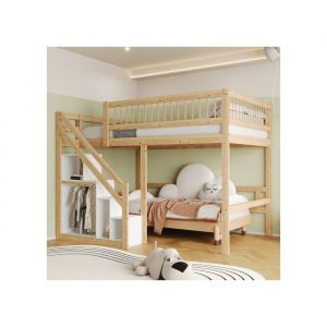 OKWISH Lit mezzanine enfant 140×200cm lit simple avec escalier de placard de rangement et garde-corps haut - Naturel (sans canapé)