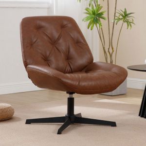Wahson Fauteuil de Salon Confortable Fauteuil Pivotant avec Coussin Dossier &Eacute;pais Fauteuil Salon Similicuir Pied M&eacute;tal Marron