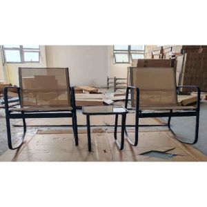 COSTWAY Ensemble 3 PCS Table et Chaises de Jardin Table en Verre Trempé Chaises à Bascule 2 Places Balcon Patio Piscine Marron