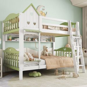 Lit superposé enfant 90x200cmlit enfant avec Étagère ouverte et barrièreLit superposé en bois avec échelle et rangementPin+MDF