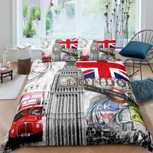 Parure de lit London Big Ben autobus la rue 3D effet 220*240cm 3 pieces 1 housse de couette et 2 taies doreillers 63*63cm