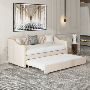 Lit Gigogne 90x200 cm avec Roulettes Cadre de Lit Structure Lit Banquette Lit de Repos Lit Gigogne Canapé-lit en Lin Beige