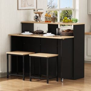 &Icirc;lot de cuisine sur roulettes - coin repas extensible avec chaises - grand espace de rangement - 110x34-68x97.5cm - Noir