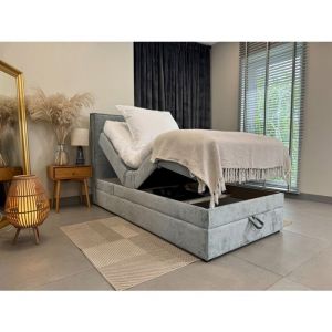 Lit adulte 120x200 SORRENTO - ensemble relaxation &eacute;lectrique avec matelas ressorts ensach&eacute;s rangement et surmatelas en gris clair