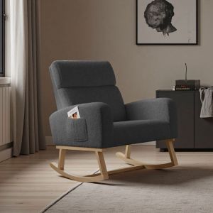 Fauteuil &agrave; Bascule ADWOLT Rocking Chair avec rangement de poche Chaise &agrave; Bascule avec Pieds en Bois Style Scandinave Gris fonc&eacute;