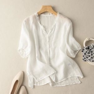 Été décontracté coton et lin broderie col en V à manches courtes T-shirt hauts ample pour femme Blanc