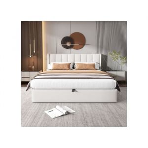 Lit Coffre LED 140x190 cm avec USB Rechargeable et T&ecirc;te R&eacute;glable Merax Lit Double en Simili Cuir Gris Moderne