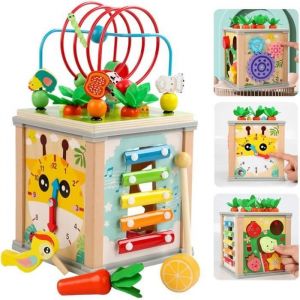 Jouet enfant 2 ans Cube dactivité en bois 7 en 1 pour tout-petits de 1 à 4 ans jouet Montessori avec horloge girafe peut stocker