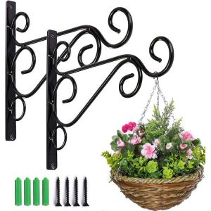 Lot de 2 crochets muraux en fer pour suspension de plantes supports de panier suspendu support en fer forgé pour lanterne(noir)