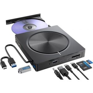 FOSMET Lecteur Graveur CD/DVD Externe USB 3.0 et USB-C Graveur DVD avec 2*USB-A 2*USB-C et Fente SD/TF Optique CD pour