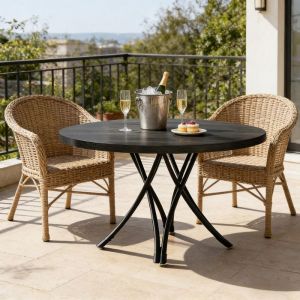 Table &agrave; manger ronde noire design moderne 120cm pi&eacute;tement crois&eacute; m&eacute;tal plateau haute densit&eacute; pour 4-6 personnes