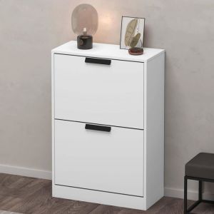 Sogood Meuble à Chaussures Blanc Mat 60x28x89 cm Rangement Armoire à Chaussures 2 Compartiments Range-Chaussures 01
