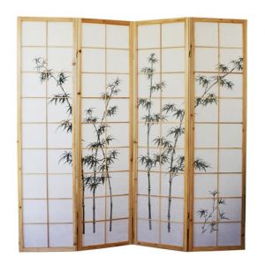 Paravent japonais en bois naturel avec dessin bambou 4 pans - Hauteur 175 x Longueur 176 x Profondeur 22 cm