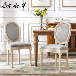 Lot de 4 Chaises médaillon Louis XVI chaises de Salle à Manger Rembourrées en Tissu avec Dossier Rond et Pieds en Bois Vintage-Gris