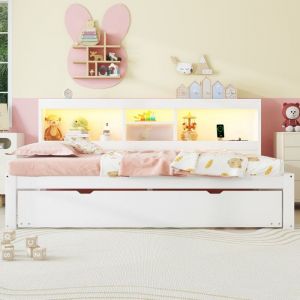 Lit banquette 90x200 cm - Blanc - LED - Lit gigogne - Prise + USB - Rangement latéral