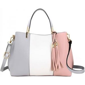 CRAZYCHIC - Sac &agrave; Main Femme Cuir PU Multicolore Pompon Franges - Cabas Port&eacute; Epaule Bandouli&egrave;re Mode El&eacute;gant Chic - Gris Rose