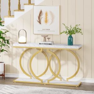 Tribesigns Table Console dorée de 140 cm Table dentrée Moderne avec Pieds en métal doré en Forme de O Imitation marbre Blanc