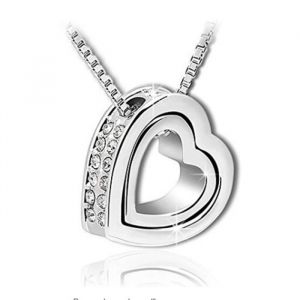 LCC®Collier argent femmes filles/ Double coeur/ Bijoux fantaisie/Cristal Swarovski & diamants en strass Plaqué Or Blanc cadeau idea