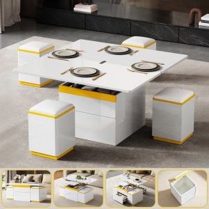 Table Basse Relevable avec Pouf Table Basse Salon Extensible Brillant Moderne avec Tiroir et Rangement 100x50x43 cm Blanc et Jaune