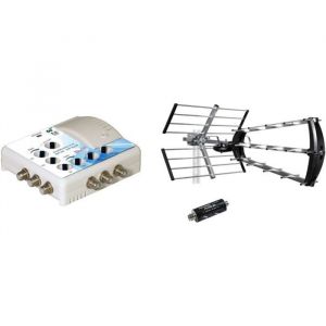 Amplificateur TV TNT Int&eacute;rieur 6 Sorties Filtre 4G Blanc & 415044 Antenne dext&eacute;rieure Trinappe 26dB UHF Fiche F + Filtre 4G.[Q59]