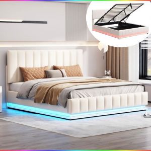 Lit coffre 160 x 200 cm avec LED - 2 personnes - Tête de lit réglable - Sommier à lattes en métal - Blanc