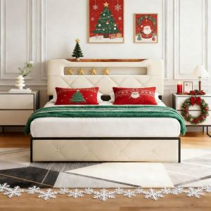 Lit 140x190 cm COZY lit adulte avec sommier &agrave; lattes cadre de lit double avec 4 tiroir et LED tissu velours 140x190 cm beige