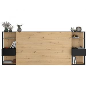 PARISOT Tête de Lit avec étagères + chevets intégrés - Décor chêne et noir - L 255 x P 36 x H 103 cm - WHITE
