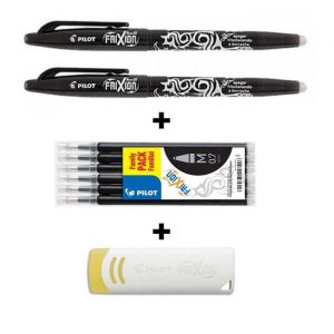 Lot de 2 stylos FriXion Ball pointe moyenne 0.7mm noir Pilot + 6 recharges + gomme