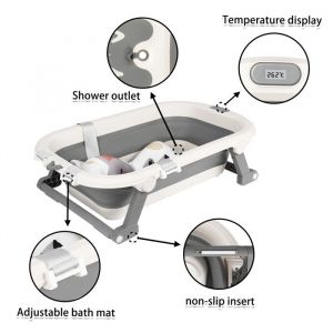 GRIS Baignoire Pliable avec Coussin pour B&eacute;b&eacute; Bassin de douche Portable avec LED Thermom&egrave;tre et pieds Antid&eacute;rapant 80x50x22cm