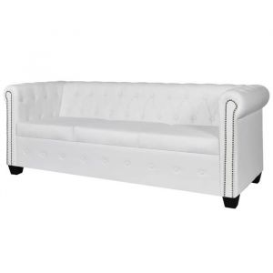 Nettlife Canap&eacute; Chesterfield spacieux 3 places en cuir synth&eacute;tique blanc design raffin&eacute;
