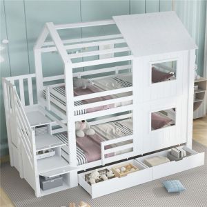 Lit superpos&eacute; cabane 2 places 90x200 avec barri&egrave;re lit enfant blanc avec escalier et tiroir de rangement pour gar&ccedil;on et fille