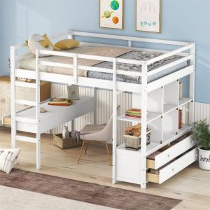DRIPEX Lit Surélevé 140x200cm avec bureau de table sous le lit tiroirs de rangementLit mezzanine avec étagères de rangementBlanc