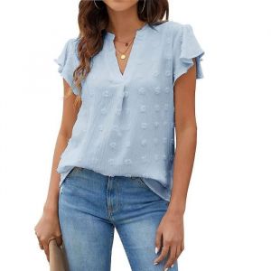 Chemisier uni femme Chic Bleu été manches courtes col V grande taille Tunique blouse coton T-shirt décontracté printemps pas cher