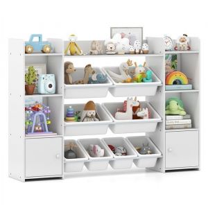 DREAMADE Étagère de Rangement pour Jouets Enfants Organisateur de Jouets avec 8 Bacs Amovibles en Plastique Armoire avec Portes