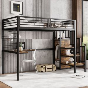 Lit Mezzanine 1 Place avec Bureau 90x200 cmlit superpos&eacute; Enfant avec Armoirelit Enfant avec Barriere en Fer sans Matelas Noir