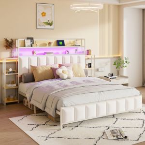 Lit adulte 160x200 cm en blancCadre de lit en métalLit double capitonné avec LED intégréeTête de lit avec 6 étagères de