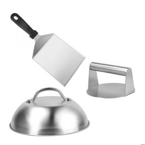Relaxdays Set Smash Burger 3 pi&egrave;ces presse &agrave; hamburger avec cloche de fondu et spatule inox argent&eacute;