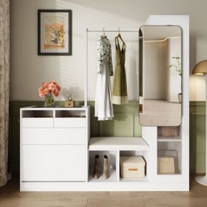 Ensemble vestiaire dentr&eacute;e 163x35x161 cm - Avec tringle &agrave; v&ecirc;tements et miroir - Banc &agrave; chaussures et meuble &agrave; chaussures - Blanc