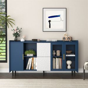 Buffet de Cuisine Moderne 140 cm Buffet Salle a Manger avec 2 Tiroirs 2 étagères et 2 Portes Vitrées Meuble Cuisine Bas Bleu