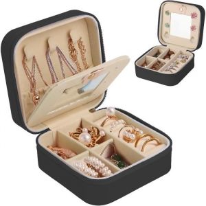 Bo&icirc;te &agrave; Bijoux - Femme - Noir - Cuir PU - Miroir - Portable