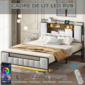 Lit double 160 x 200 cm avec prises et ports USB - avec cadre de lit en fer massif -éclairage LED - simili cuir - Blanc