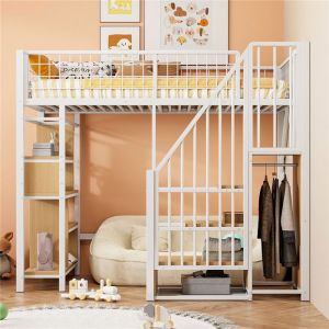 Lit Mezzanine 1 Place 90x200 M&eacute;tal avec &Eacute;tag&egrave;re Escalier Rangement Penderie et Espace Sous Le Lit pour Ado et Adulte Blanc