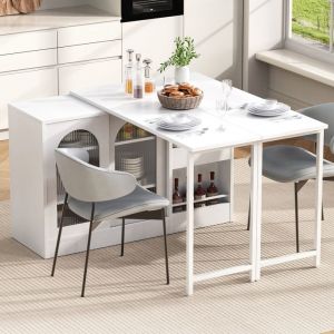Table de bar extensible &agrave; 360&deg; avec espace de rangement buffet minimaliste moderne 1215&times;40&times;767cm portes en verre blanc.